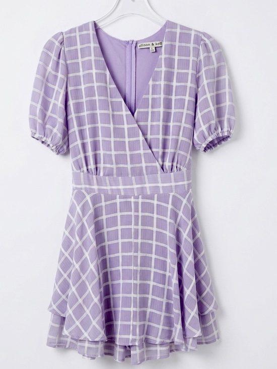 Allison & Kelly Pants - Allison & Kelly Plaid Romper Tiered Skort Puff Sleeve Lilac Large L -FLAW